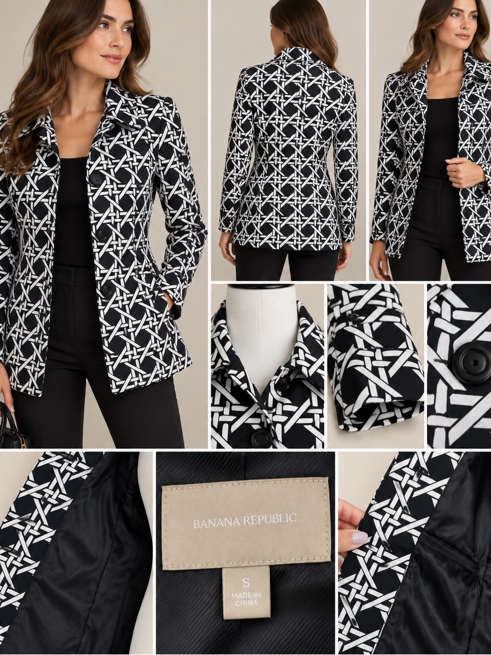 Banana Republic Black and White Geometric Print Blazer